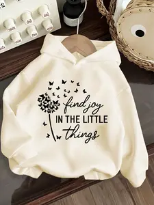 Girl's Butterfly & Letter Print Drop Shoulder Hoodie, Fashion Casual Long Sleeve Hooded Sweatshirt for Daily Outdoor Wear, Girls Clothing for Fall & Winter