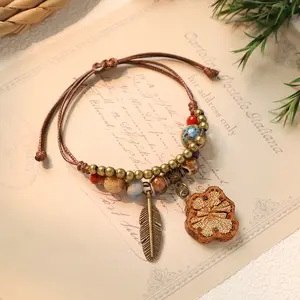 Women's Hand‑Woven Ceramic Acorn Bracelet, Natural Fruit Beaded Wrist String, Vintage Forest‑Style Ethnic Boho Handmade Bangle