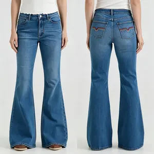 Casual Western Style Dark Blue Bootcut Denim Pants, Mid-Rise Red Contrast Stitch Pocket Slim Flare Jeans for Everyday Wear
