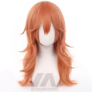 Maysuwell Angel Devil Chainsaw Man Bangs Long Orange Brown Cosplay Wig for Halloween Costume Party Adult Synthetic Wavy Wiglet High-Quality Fiber