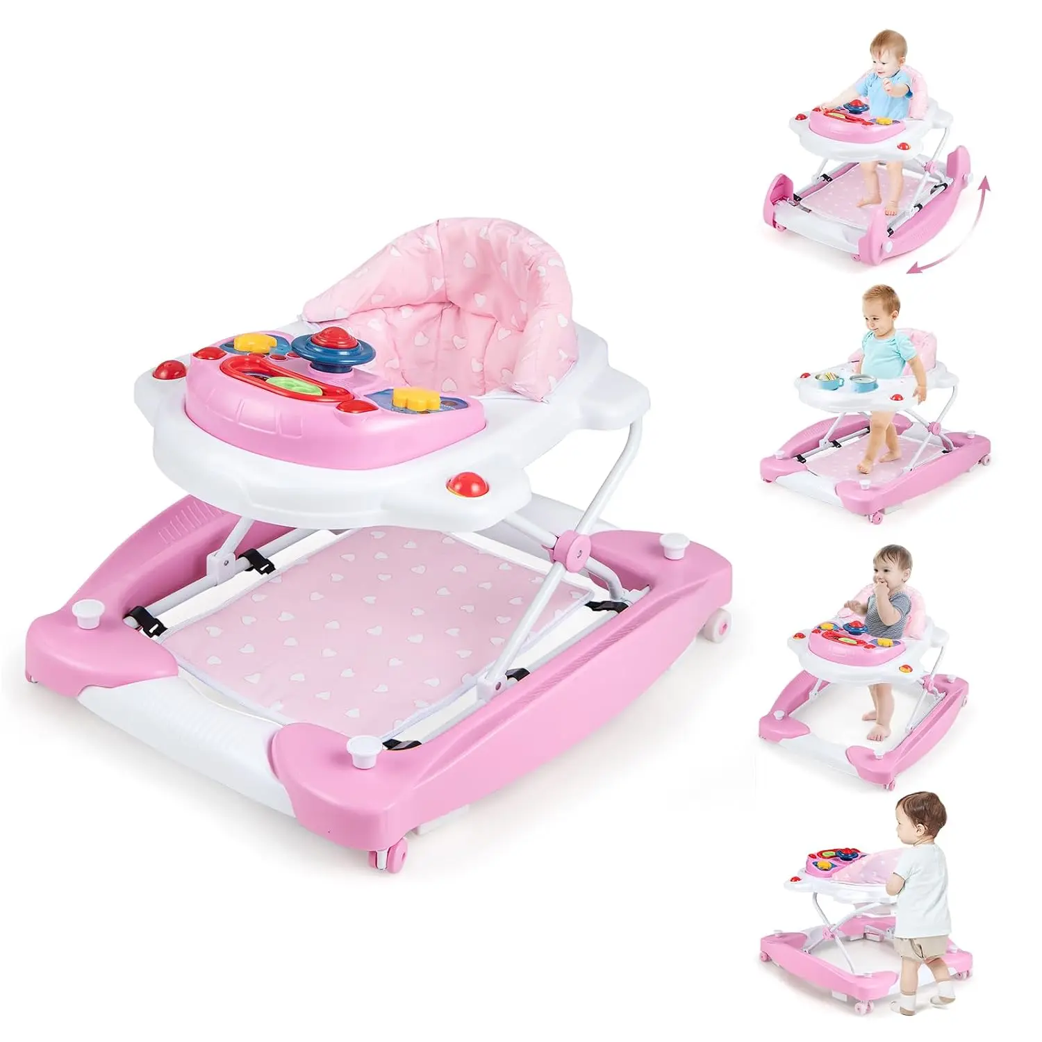 6-in-1 Baby Walker, Foldable Baby Walker with Wheels, Adjustable Height, Music, Lights, Bouncer & Rocker Mode, Baby Walkers for Boys Girls 6-14 Months