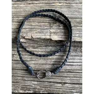 Braided Leather Wrap Necklace with Pave Diamond Lobster Claw Clasp
