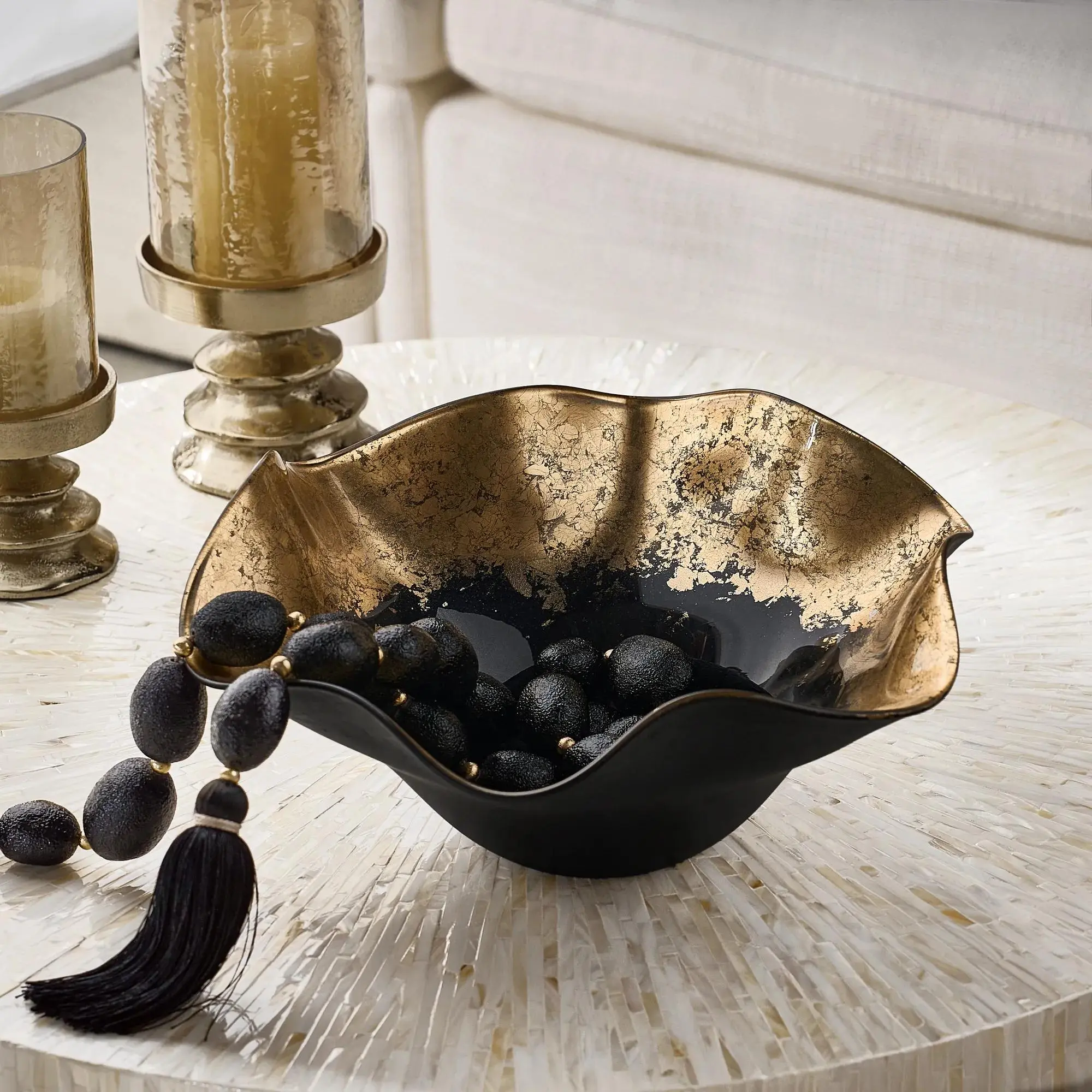 Z Gallerie Goldie Handblown Art Glass Round Bowl - 15.5x8.75in Organic Shape, Modern Glam Kitchen Tableware for Dining, Serving, Table Decor