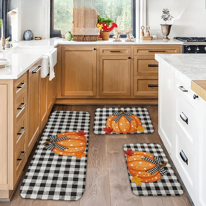 1/2/3pcs Fall Kitchen Mat Set, Soft Thick Flannel Floor Rugs, Pumpkin & Orange Checkered Design, Non-Slip Machine Washable Mats for Kitchen, Bedroom, Bathroom & Laundry Room,Washable Runner Rug,stair,Halloween