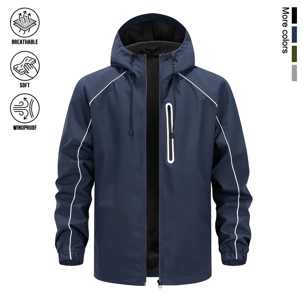 Men Zip Up Hooded Windbreaker Coat With Reflective Line Decoration, Skin-Friendly Smooth Comfortable Material, Versatile Everyday Essential For Urban Walking, Weekend Outdoor Adventures And Off-Duty Business Casual Matching Outerwear