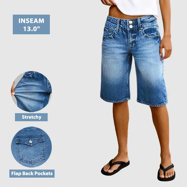 Flamingals Wash Flap Pocket Dual Button High Rise Denim Bermuda Shorts Womenswear Stretchy 14" Inseam