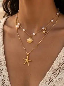 2 Pcs Starfish Shell Ocean Pearl Necklace, Summer Beach Pendant Chain, Bohemian Vacation Style Women's Jewelry