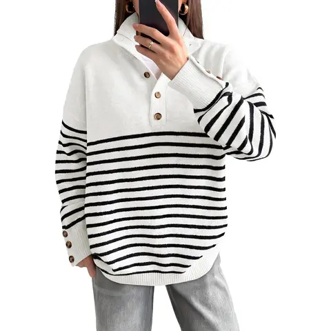 ANRABESS Womens Long Sleeve Striped Turtleneck Sweater | Henley Button Pullover Tops, Loose Fit Knit Shirt, Soft Cozy Business Casual Work Travel Wear, Fall Winter Fashion