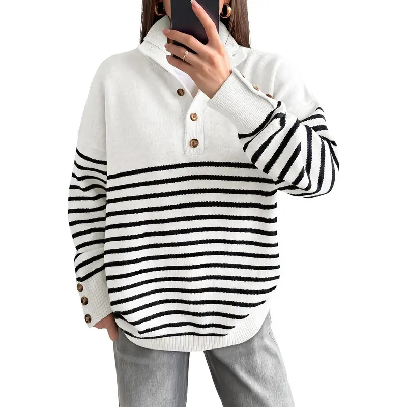 ANRABESS Womens Long Sleeve Striped Turtleneck Sweater | Henley Button Pullover Tops, Loose Fit Knit Shirt, Soft Cozy Business Casual Work Travel Wear, Fall Winter Fashion