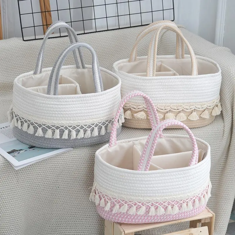 1pcs Baby Diaper Basket, Handmade Woven Toy Storage Baskets for Organizing with Tassels, Portable and Removable Dividers for Nursery Multipurpose Basket
