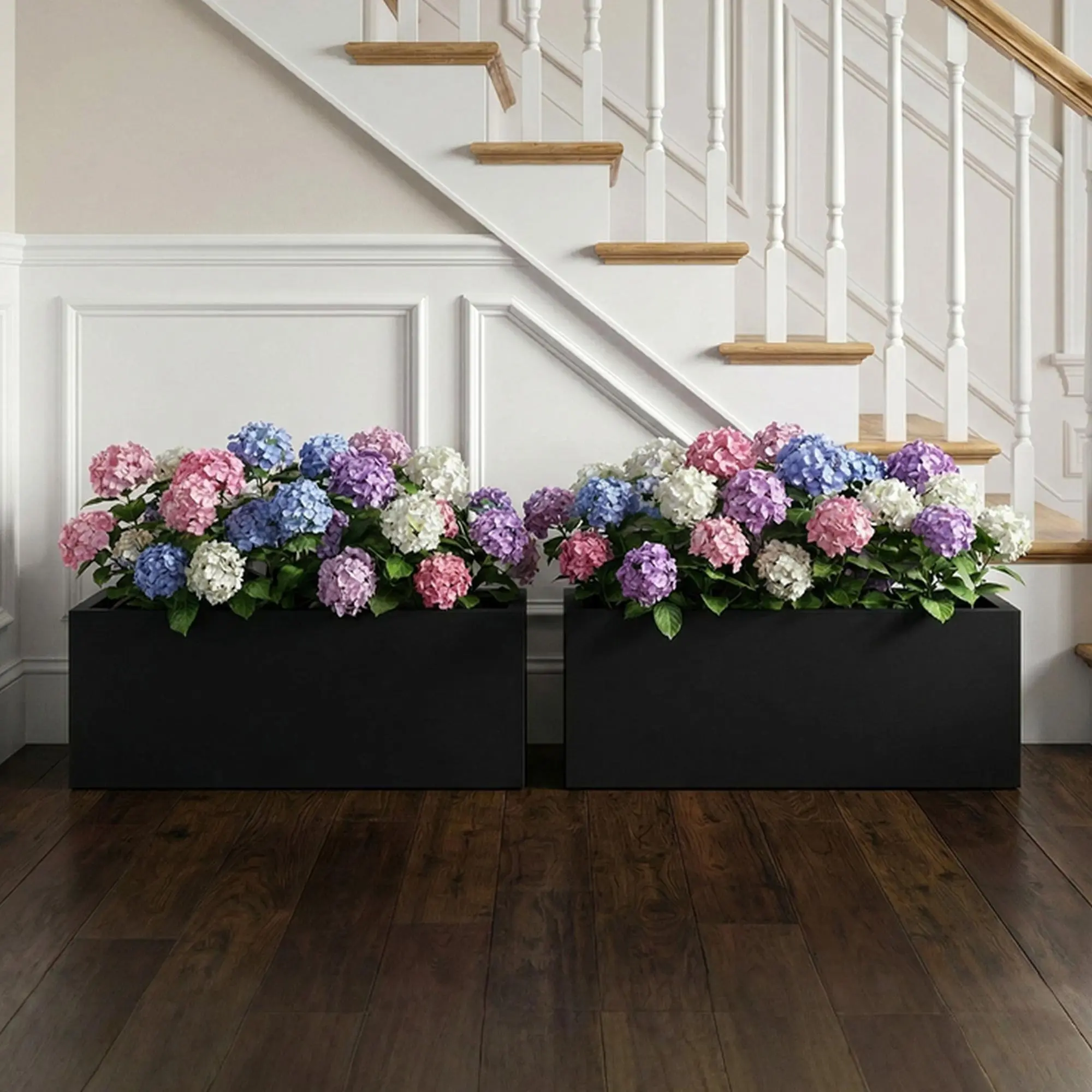 2-Pack 24 in Black Wrought Iron Rectangular Planters - Modern Metal Flower Pot Boxes for Indoor Garden, Outdoor Patio