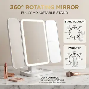 Upgraded version Portable LED Light Makeup Mirror, Lighted Makeup Mirror, Mirror with Lights, 3-fold Foldable Rechargeable Mirror with 3x 5x Magnification, Touch Control Mirror for Travel & Be  droom Use, Rechargeable Trifold Mirror color mode round