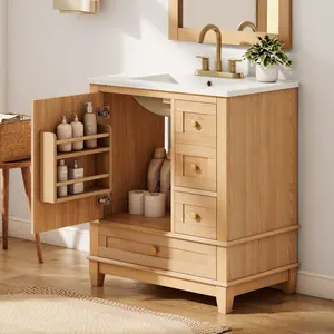 30" Bathroom Vanity with Ceramic Sink, Freestanding Bathroom Cabinet with Natural Wood Grain, Solid Rubberwood Legs, Soft-Close Doors & Drawers, Ample Storage, Natural Wood Color