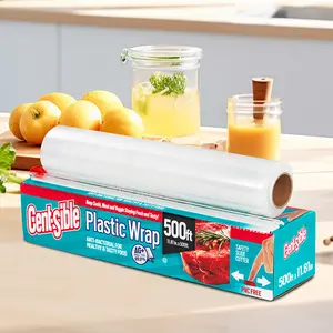 500ft in length and 11.81in width, food grade cling film with sliding cutter, wide roll, plastic film for household kitchen and restaurant, anti fog film, easy to tear design for preservation