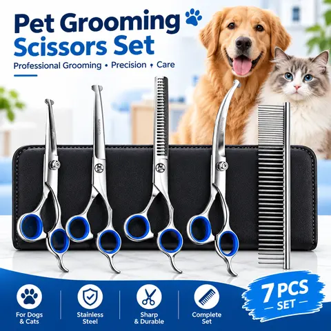 7-Piece Pet Grooming Kit with Grooming Accessories, Approx 7in Easy-Handling 6-in-1 Titanium-Coated Rustproof Steel Curved Round-Tip Thinning Scissors, Ergonomic 4CR Stainless Steel Tools for Home Grooming of Dogs & Small Animals