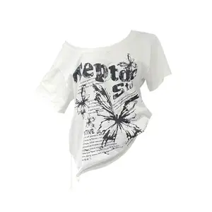 Y2k White 100% Cotton Y2k Vintage Oversize Off shoulder Short sleeve T shirt With Print Women Casual Summer Top Butterfly Tees