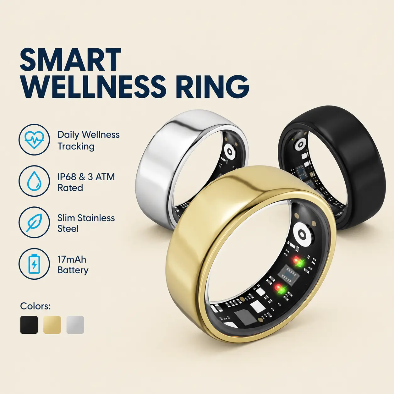 Quriov Metal Stainless Steel Smart Ring - IP68 Waterproof Wearable Device, Bluetooth Fitness Tracker with Heart Rate Monitor, Sleep Monitor, Touchscreen, USB Charging Box, Long-Lasting Batteries, Compact Slim Durable Lightweight Unisex Adult Gift
