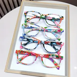 4-piece anti-blue light reading glasses, fashionable ladies' computer glasses, spring hinges, fashionable floral pattern prints, 0 to +4.0 magnification, colorful retro frames, festival gifts, birthday gifts