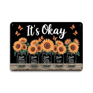 Sunflower Mason Jars It's Okay  Tin Sign， Vintage Sunflower Mason Jar with Inspirational Quotes Metal Sign Print Aesthetic Room Decoration for Home Bedroom Kitchen Dorm Bathroom Wall Decor 8 X 12， Eas