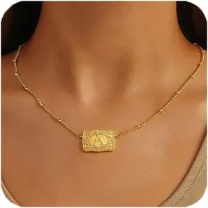 Belt Buckle Necklace With Initial 18k Gold Plated Gold Pendant Necklaces for Women Western Jewelry Gift