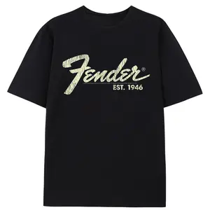 Fender Est. 1946 Vintage Distressed Oversized T-Shirt | GuitarTok Rock N Roll Classic Guitar Brand Graphic Tee | Musician Band Concert Outfit | Unisex Mens Womens Cotton Crewneck Short Sleeve Black Tee For Guitar Players Rock Music Lovers