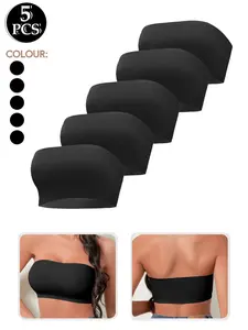 5PCS Women's Backless Strapless Bralette Set, Medium Support Buckleless Design, Plain Pattern Unlined Fitted Bras, All Season Casual Wear