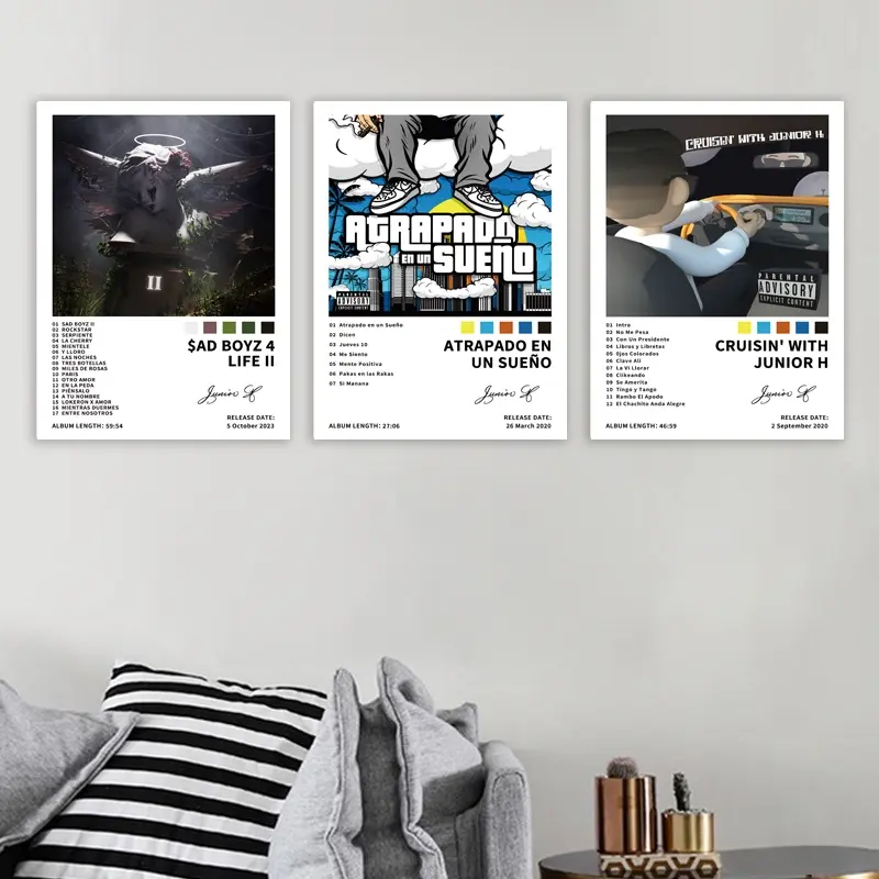 3-Piece Junior H/Atrapado en un Sueno/Cruisin' with Junior H/$ad Boyz 4 Life II Music Album Poster Wall Art Set, Hip Hop Pop, Modern Style - Frameless canvas posters for living rooms, offices, cafes, Various settings, a gift for music lovers or fans