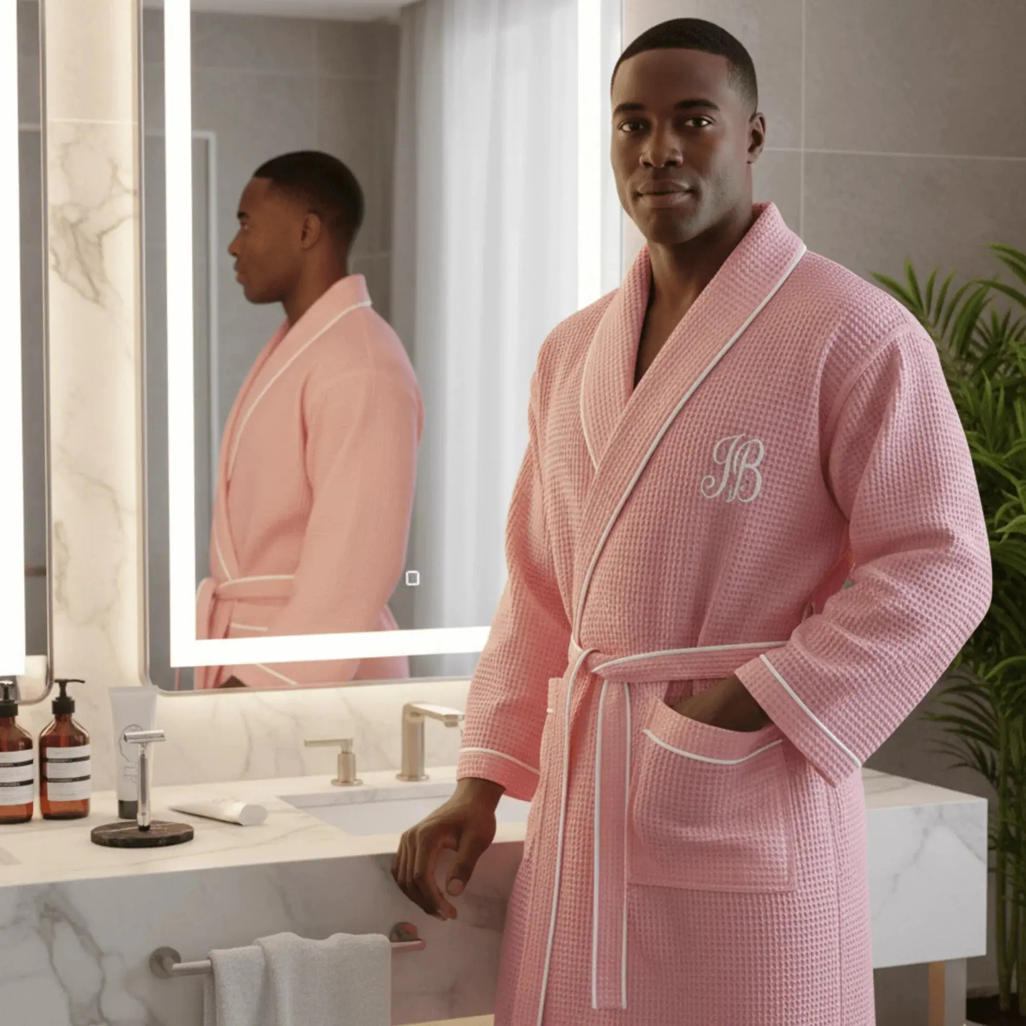 Men's Classic Cotton-Polyester Waffle-Knit Long Sleeve Robe with Belt, Elegant Breathable Menswear - Casual Sleepwear Loungewear, Personalized, Embroidered, Pockets, Plain, Full Length, Lightweight Cotton Men's Robes, Large Size Men's Robes