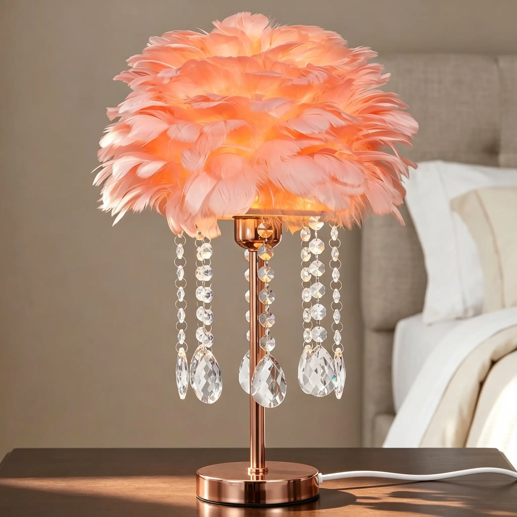 Pink Feather Table Lamp, 17.7 Inch Glam Bedside Desk Lamp, E26 3 Color Bulb Nightstand Lamp With Crystal Style Drops For Bedroom Living Room Vanity