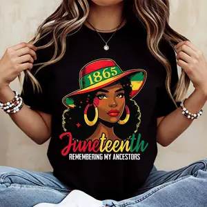Juneteenth 1865 Remembering My Ancestors Woman With Hat And Afro Print T Shirt  Crew Neck Casual Wear For Leisure And Sports