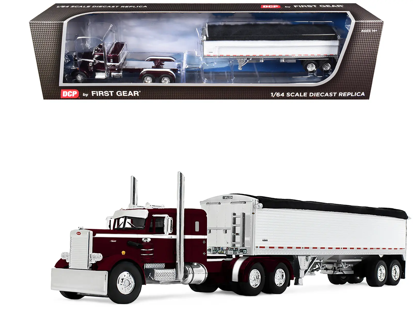 Peterbilt 351 with 36" Sleeper & 34' Wilson Pacesetter Grain Trailer Dark Cherry w/Stripes 1/64 Diecast Model by DCP/First Gear