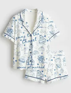 Women’s Going To The Chapel Wedding Day Party Short Sleeve Silky Satin Pajama Set Luxury Nightwear Getting Ready Outfits Bachelorette Gift For Her Maid Of Honor Loungewear Team Bride Pjs Button Down Bridal Shower Clothes Outfits Matching Sleepwear
