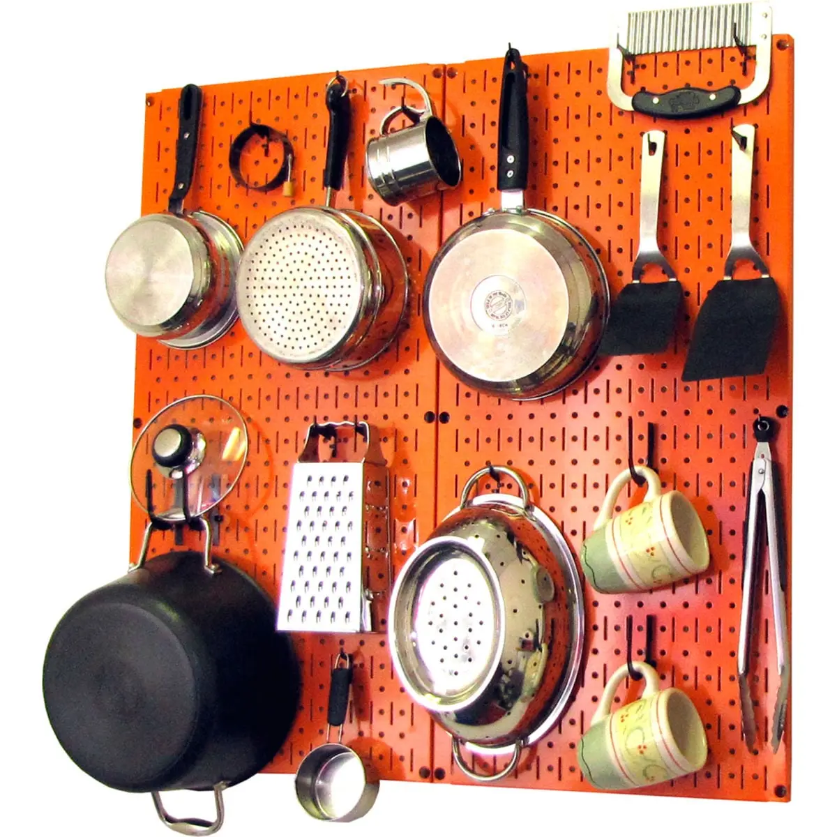 Wall Control B1296647 Metal Kitchen Pegboard Grid Organiser Kit Set - 32x32x6 in. Storage & Organization Solution with Hooks, Racks, Installation Hardware, Attractive Orange & Black Tool Utensils Holder