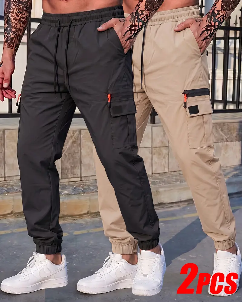 2-PCS Contrast Orange Zip Side Flap Pocket Draw Waist Jogger Cargo Pants, Lightweight Elastic Cuff Work Trousers, 2 Tone Mens Daily Street Bottoms Multi Pack