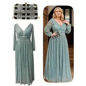 Plus Size Women'S Sequin V-Neck Long Dress with Handbag, Bishop Sleeves - Sparkling Blue Gown for Weddings, Proms & Evening Parties, Polyester Blend, Fitted Silhouette, Wedding Guest Attire | Elegant Evening Gown | Polyester Blend Dress