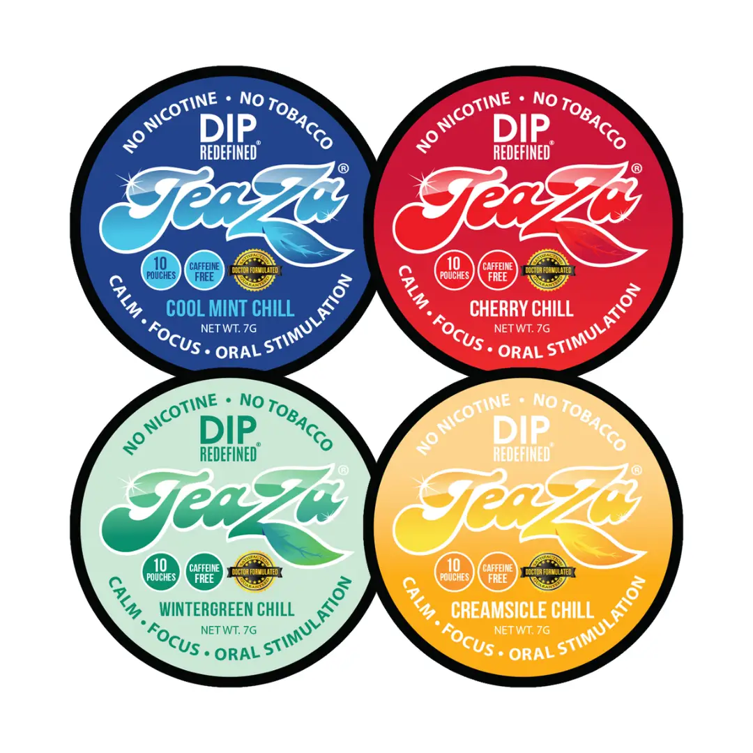 TeaZa Herbal Pouches - Chill Puck Combo - Cool Mint, Cherry, Creamsicle, Wintergreen Flavors - Herbal Tea with B Vitamins - Caffeine Free Beverage