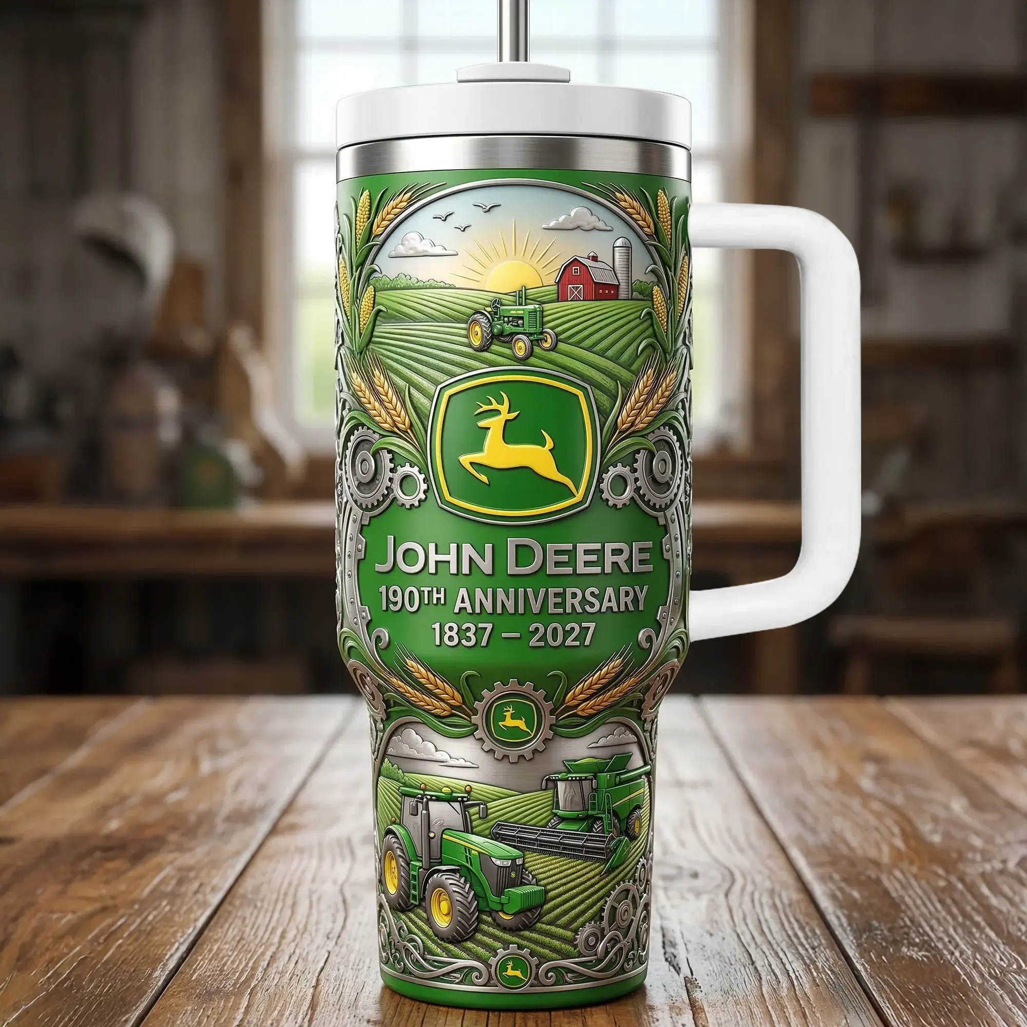 John Deere 190th Anniversary 1837–2027 40oz Tumbler with Handle & Straw, Vintage Tractor Farm Insulated Cup, Agricultural Travel Mug, Farmer Gift, Green Collectible Drinkware