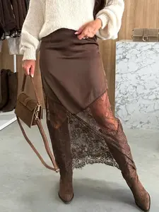 Elegant Solid Color Woven Lace Patchwork Zipper Skirt, Slim Fit, Perfect for Daily Wear, 2026 New Arrival