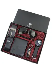 Men's Business Gift Watch Set, Wallet & Belt Combo, Artificial Leather, Checked Pattern, All Seasons, Wholesale Available