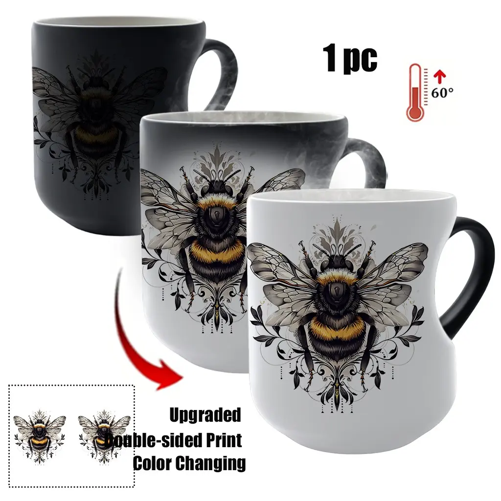 Heat Activated Bee Mug, Ceramic, Heart-Shaped Handle, 11 Oz/330ML, Color-Changing Coffee Cup, Reusable & Non-Slip, Perfect Gift for Women, Ceramic Printed Drinkware
