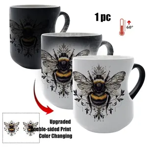 Heat Activated Bee Mug, Ceramic, Heart-Shaped Handle, 11 Oz/330ML, Color-Changing Coffee Cup, Reusable & Non-Slip, Perfect Gift for Women, Ceramic Printed Drinkware