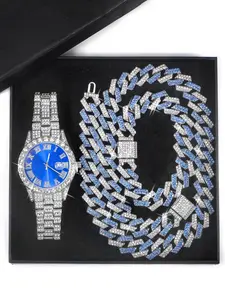 Rhinestone Decorated Watch & Bracelet & Cuban Chain Bracelet, Fashion Jewelry Set for Party, Daily Clothing Decor, Trendy All-match & Exquisite Jewelry for Birthday Gift