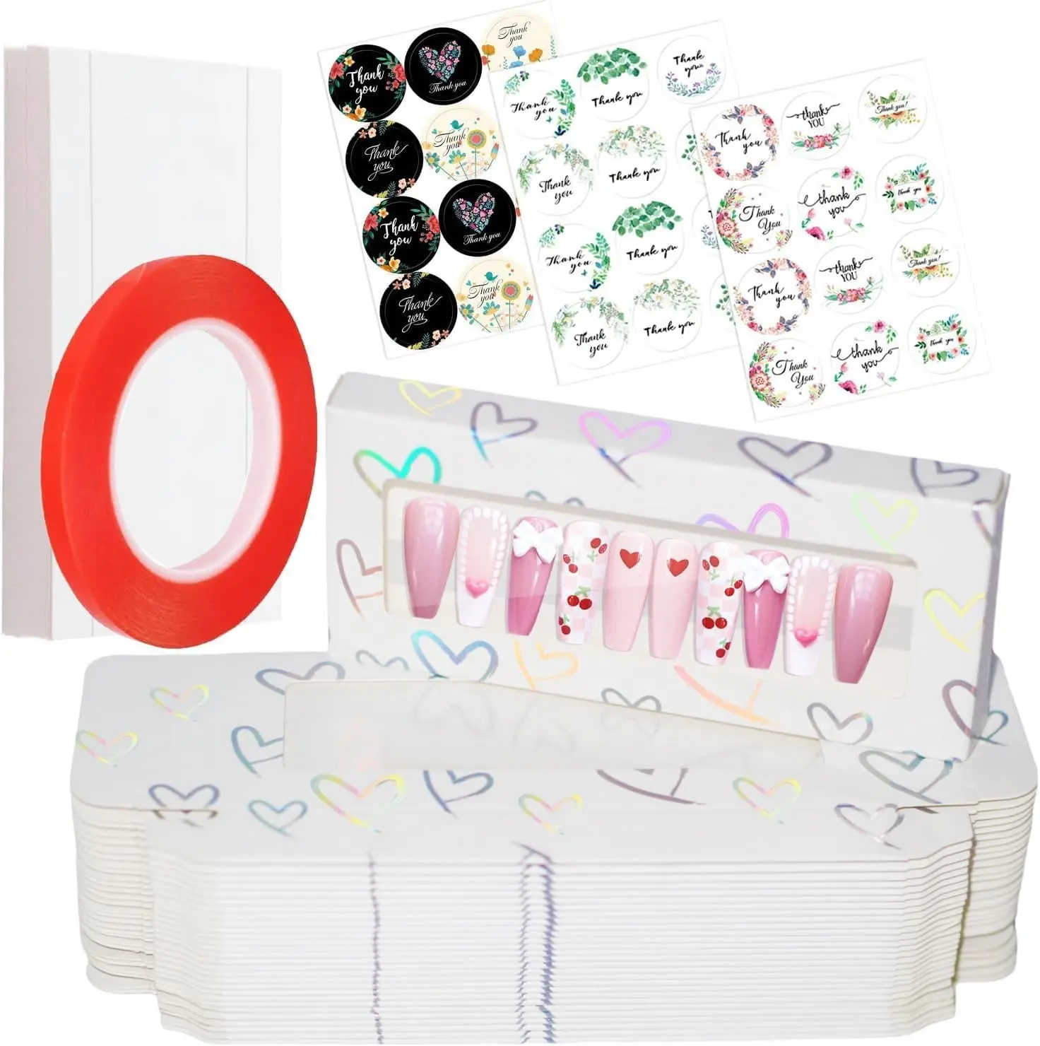 74PCS Press on Nails Packaging Box Set Includes 35PCS Empty Nail Package Box 35PCS White Background Paper 1 Double Sided Tape and 3 Stickers for Press on Nail Business