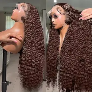 Bling Hair 180% Density Chocolate Brown Color Deep Wave 13x4 Lace Front Human Hair Wig 30 32Inch Hd Transparent 13x6 Lace Frontal Wigs For Black Women