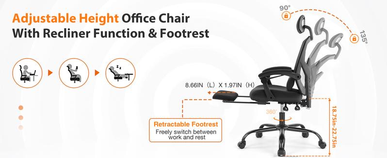 Ergonomic Office Chair, High Back Computer Mesh Swivel Rolling Desk Chair with Adjustable Headrest (Optional with/without Footrest)