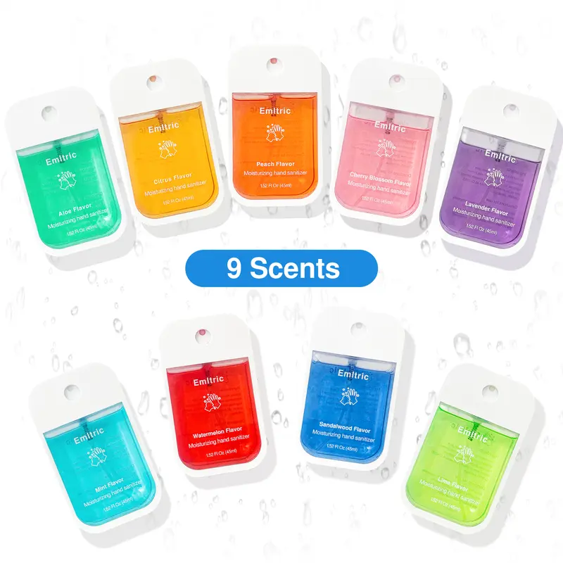 Hydrating Hand Sanitizer Spray 1.52 Fl Oz (45 mL) - Antibacterial Liquid Travel Size, Moisturizing Formula for Hands, Portable Pocket Mist with 9 Scents for Daily Cleansing & Hydration