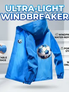Men’s Soccer Graphic Foldable Windbreaker, Portable Hooded Jacket, Lightweight Design, Slim-Fitting, All Seasons, Match Days & Outdoor Training