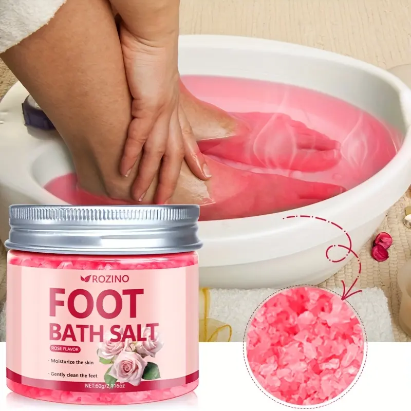 ROZINO 60g Scented Rose Foot Bath Salt - Hazard-Free Luxurious Soak Blend with Rose Aroma, Coconut, Sea Salt, Citric Acid, Softens Feet, Refreshes, Ideal for Self-Care, Pedicure Prep (For Men/Women/Athl.)