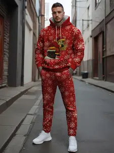 Trendy Christmas Santa Chimney Hoodie Set, Long Sleeve Fitted Pants, Casual Sportswear for Running & Outdoor, Fall & Winter, Sweat Suit Set