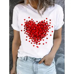 Heart Print T-shirt, Short Sleeve Crew Neck Casual Top For Summer & Spring, Women's Clothing
